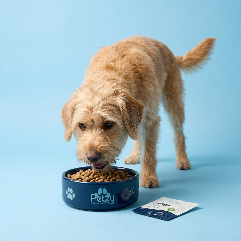 Perro comiendo con LongeVita mezclado en su comida