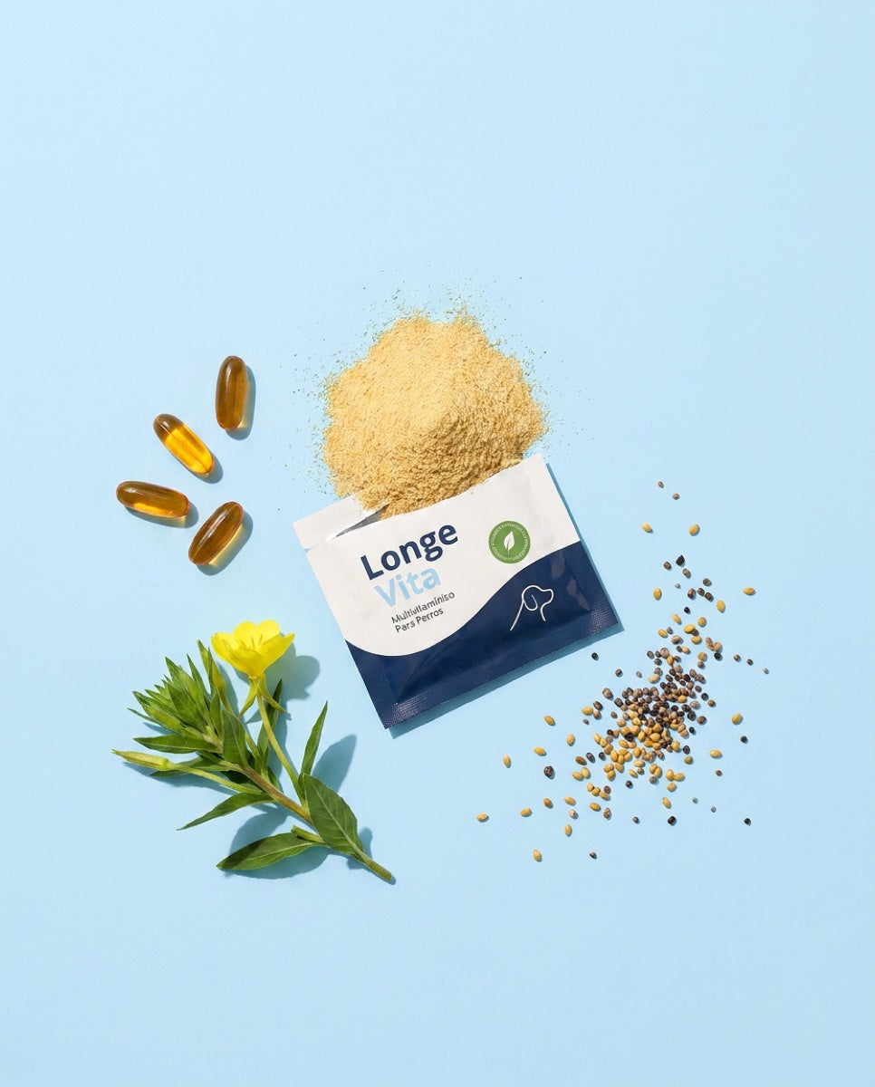 El sobre de LongeVita abierto junto a sus ingredientes activos naturales: omega, onagra y minerales
