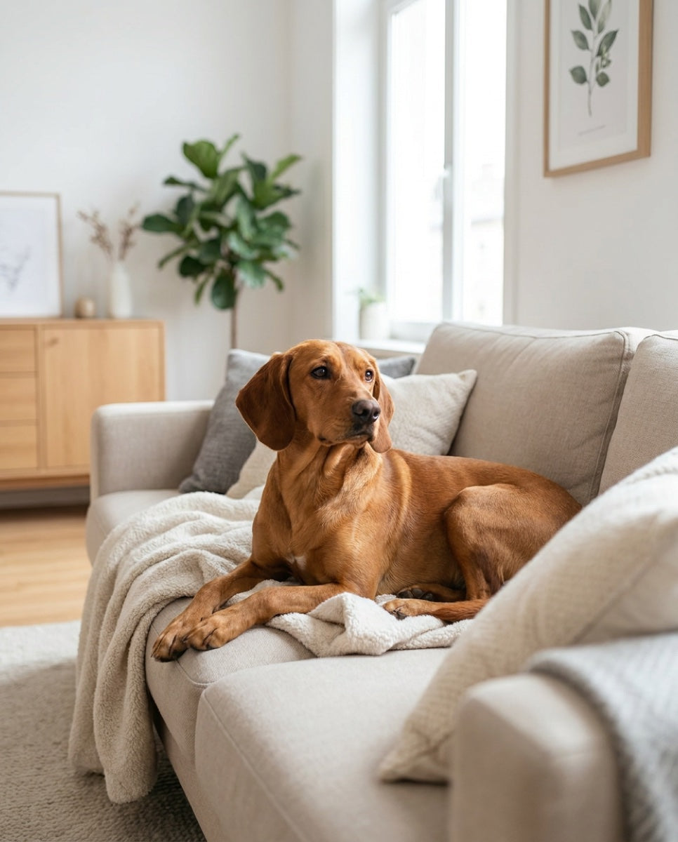 Un perro sano y tranquilo descansando en el sofá de casa